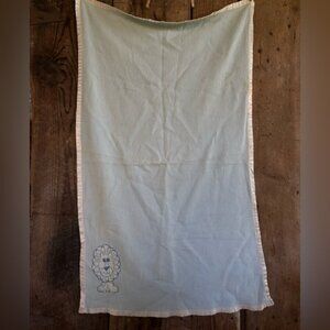 Vintage Light Blue Embroidered Baby Blanket with Lion and satin trim